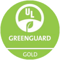 GreenGuard Logo: A bright green circular seal containing a white "UL" logo at the top, a stylized leaf in the center, the word "GREENGUARD" in white, and a green bar at the bottom with the word "GOLD" in white.