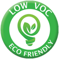 Low VOC Logo: A green circular badge with the words "LOW VOC" at the top and "ECO FRIENDLY" at the bottom; the center features a white lightbulb icon with a green leaf filament inside.