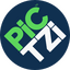 Pictzi WordMark: PiC in bright green. TZi in white. Stacked and angled at 45 degrees. Navy Background.