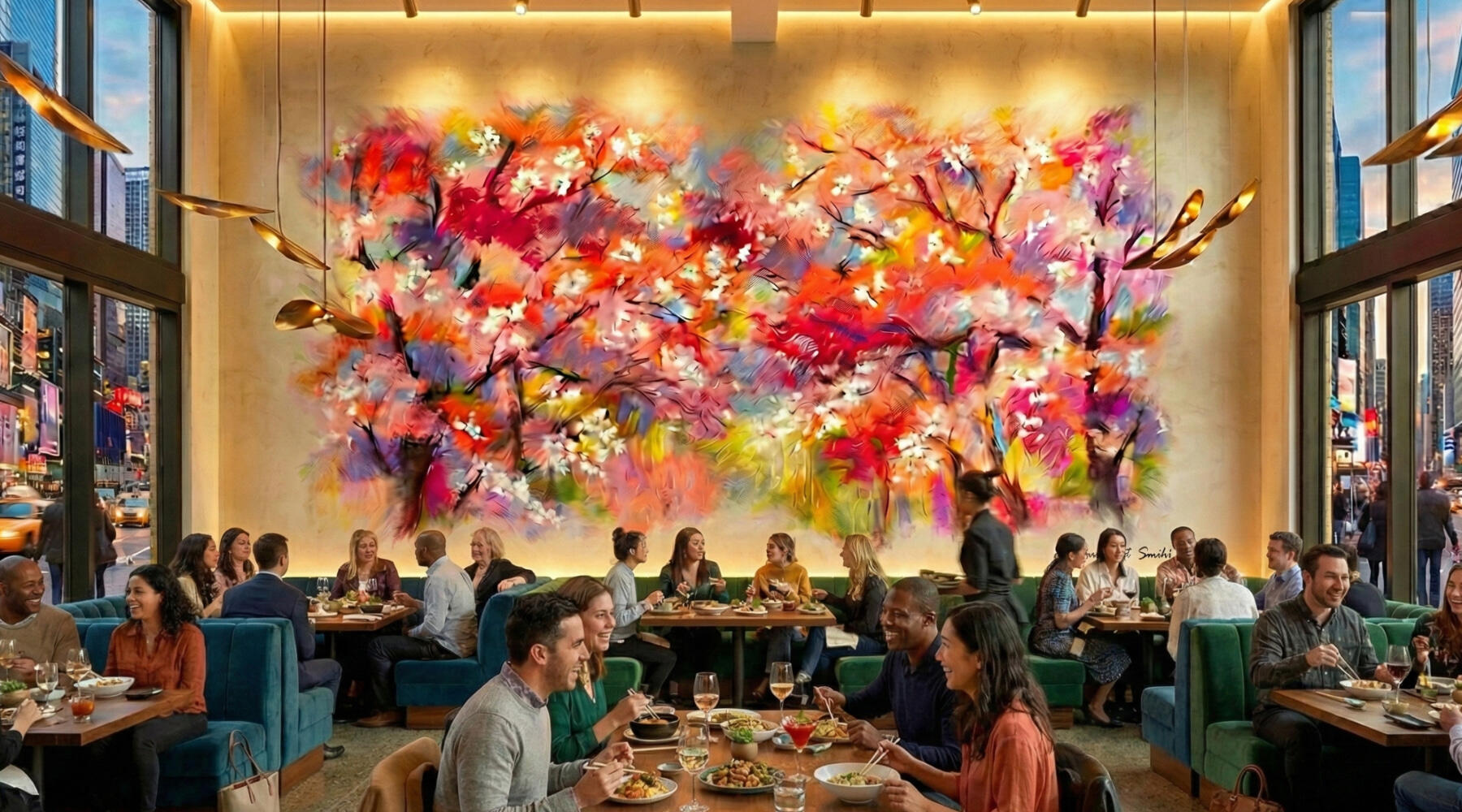 A busy, modern restaurant interior with people dining at teal booths and wooden tables. The focal point is a large, colorful impressionistic earned media mural of pink and orange flowering trees stretching across the back wall under warm spotlights.