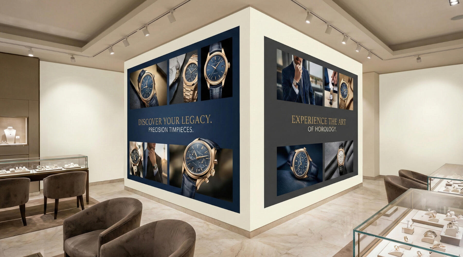 A luxury watch showroom with marble floors and glass counters. A central corner wall features two large conversion walls: the left side is navy blue with gold text reading "Discover Your Legacy" and several watch images; the right side is dark grey.