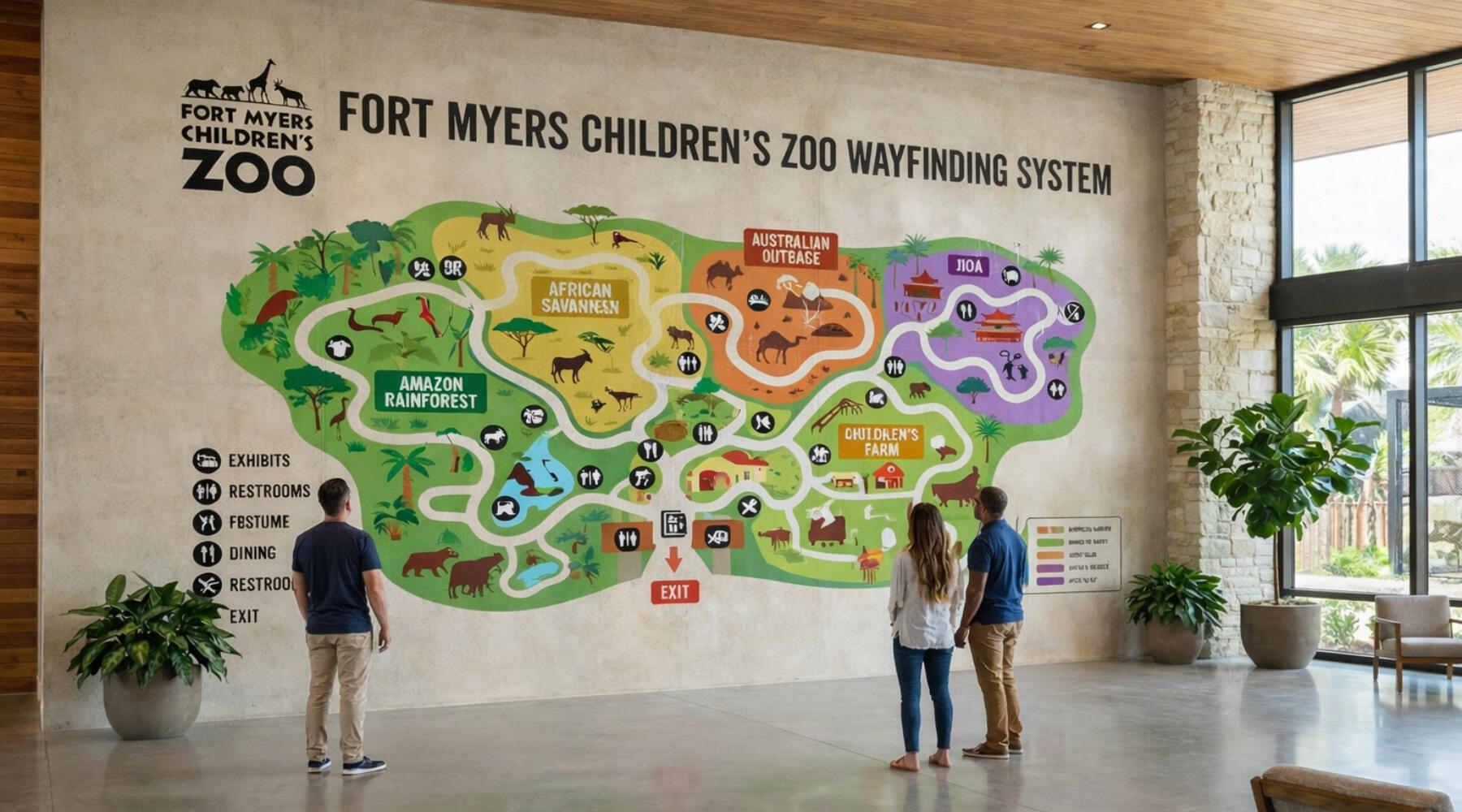Wayfinding Systems Interior of a modern zoo lobby featuring a massive wall-to-wall illustrated map titled "Fort Myers Children's Zoo Wayfinding System." The colorful map shows various animal regions and path icons. Three visitors stand in the foreground looking at the map.