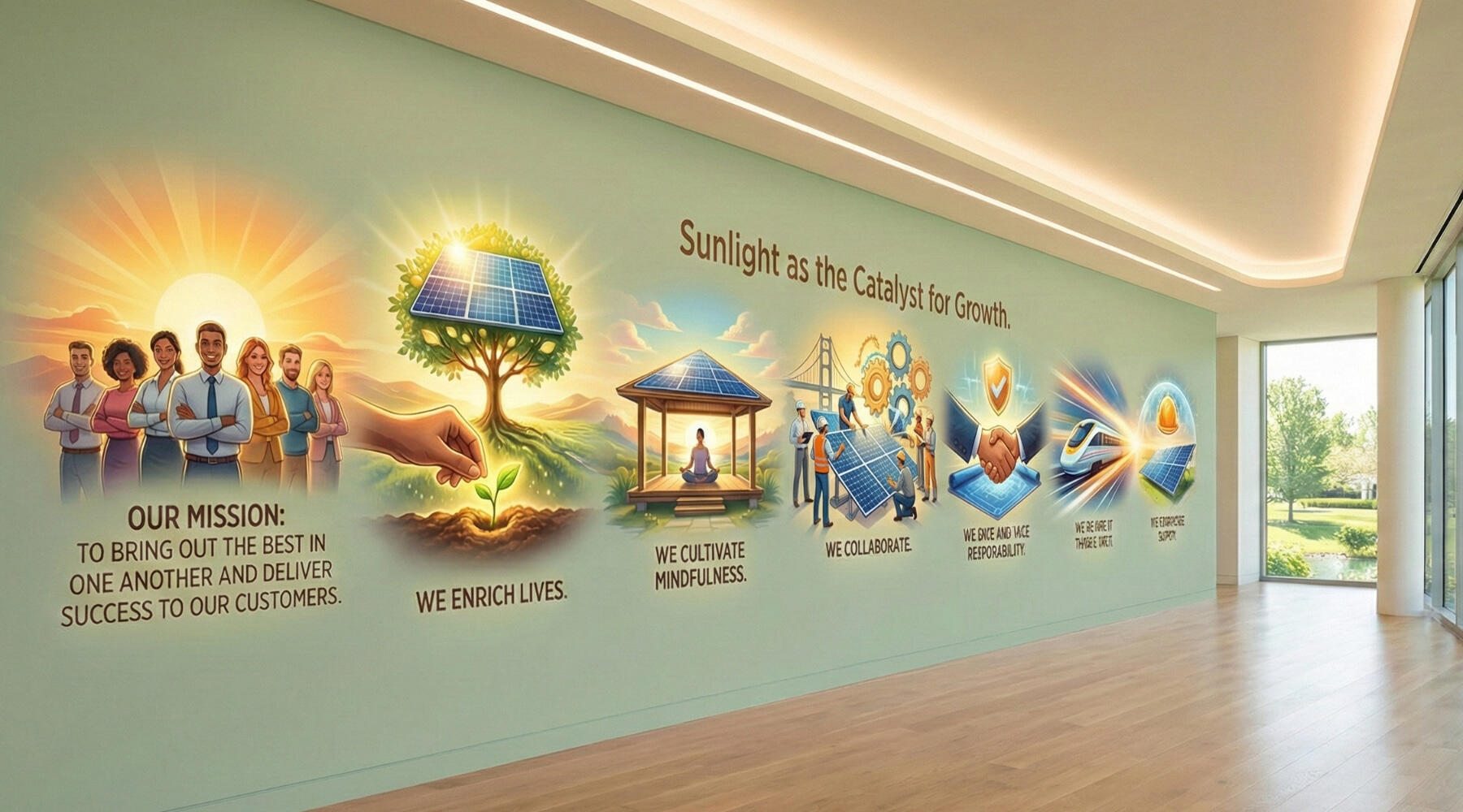 A wide-angle shot of a corporate culture corridor with a large wall mural on a light green background. The mural is titled "Sunlight as the Catalyst for Growth" and features a series of vibrant illustrations.