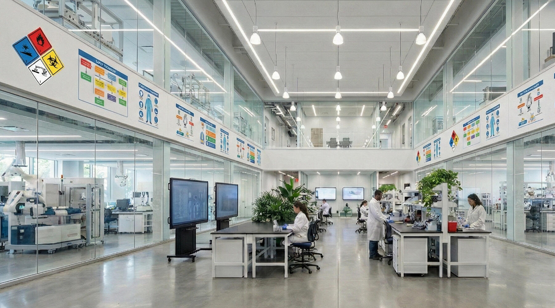 Safety Visualizations A bright, modern two-story laboratory with glass walls and professional technicians working at stations. Large horizontal safety visualizations along the second-floor balcony display colorful safety info, including hazard symbols, and PPE guides.