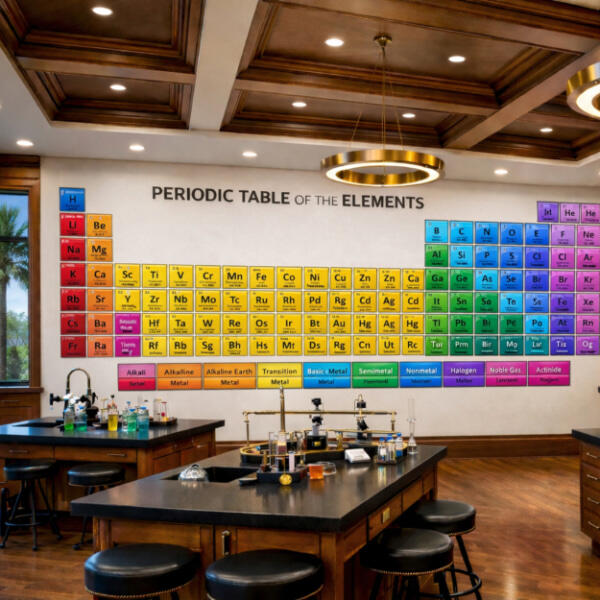 An upscale science laboratory featuring a large, vibrant Periodic Table of the Elements InfoScape on the back wall. The table is color-coded by element type with a clear legend underneath. In the foreground, dark wooden lab stations with black surfaces.