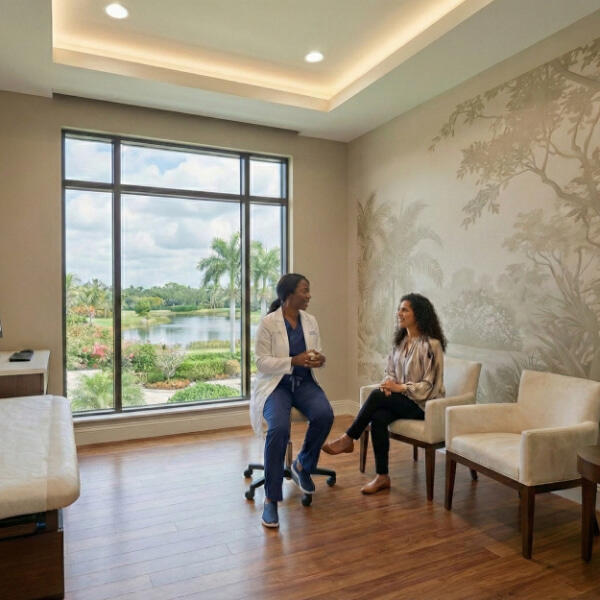 A female doctor in a white lab coat sits on a rolling stool, talking with a female patient in a light-filled medical office. The room features warm wood floors and a large window overlooking a tropical landscape with a pond and palm trees.