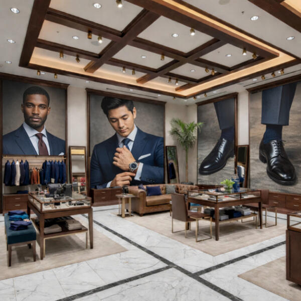 Retail & Showrooms Interior of a high-end men’s boutique with marble floors and a decorative wood-paneled ceiling. The walls are lined with four floor-to-ceiling conversion walls featuring professional male models in tailored suits and close-ups of luxury watches.