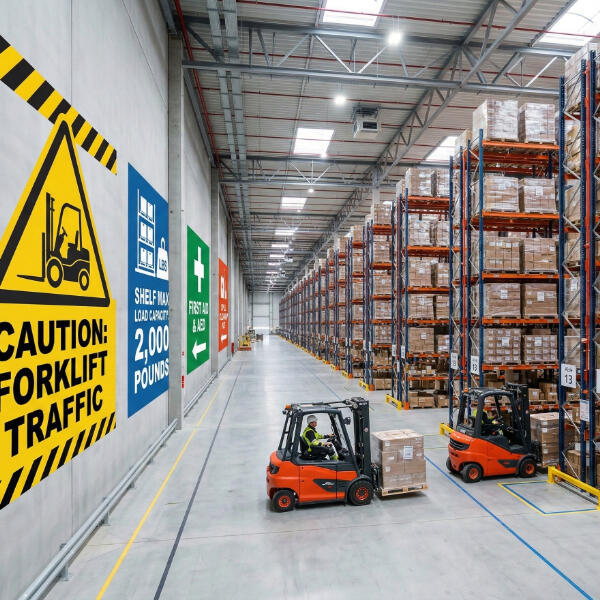 A wide shot of a high-tech cleanroom with polished dark marble floors and recessed ceiling lights. On the right, a technician in a full white protective suit operates a large piece of industrial machinery. The back wall features two large safety visuals.