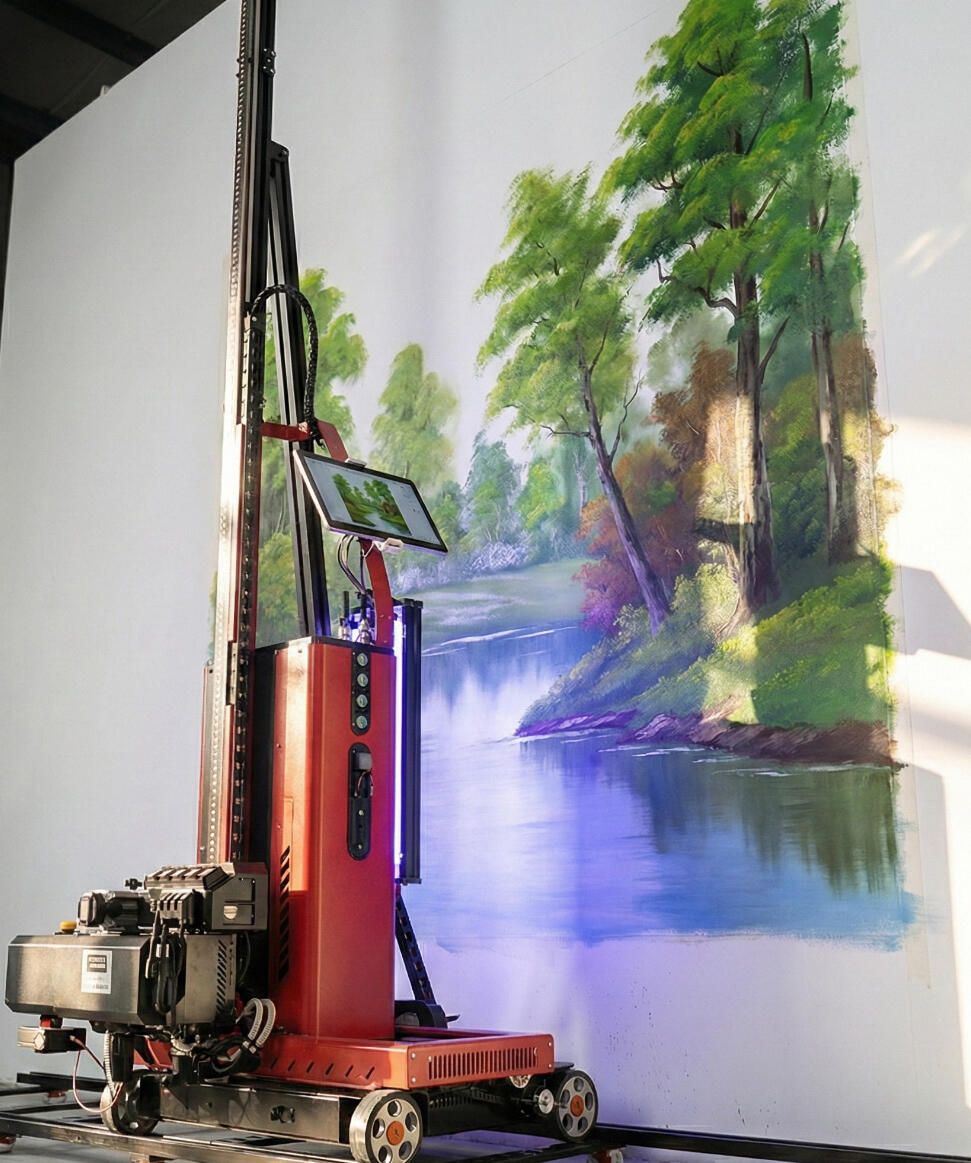 Robo Ross, Tireless Wall Printer A large, industrial red and black wall-printing robot names Robo Ross mounted on a floor rail system. The robot is actively printing a scenic mural of a lush forest reflecting in a blue lake onto a white wall. A digital tablet is attached to the machine.