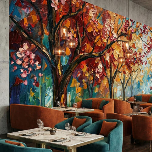 An upscale restaurant with teal and orange velvet seating and dark wood tables. A massive, textured earned media mural of autumn trees in vibrant reds and teals covers the long concrete wall. The space is illuminated by dozens of glowing amber globes.