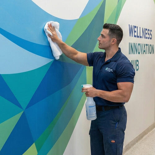 A man in a navy blue uniform cleans a vibrant blue and green geometric mural in a hallway. He is holding a spray bottle and wiping the surface with a white cloth. Next to the mural, blue text on the white wall reads "WELLNESS INNOVATION HUB."