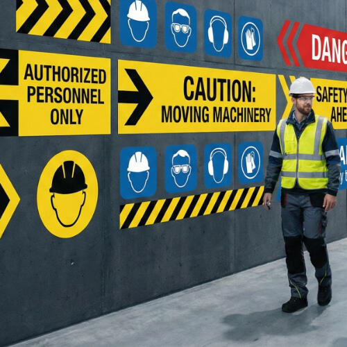 A worker in a hard hat and high-visibility vest walks past a dark concrete wall featuring bold yellow and black caution signs and blue PPE icons. The display includes warnings for "Authorized Personnel Only" and "Moving Machinery."